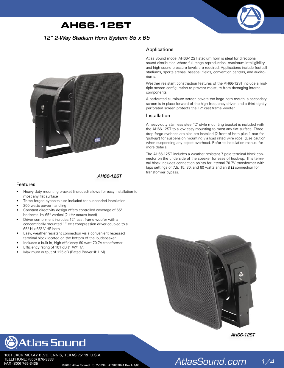 Atlas Sound 2-Way Stadium Horn System AH66-12ST User Manual | 4 pages