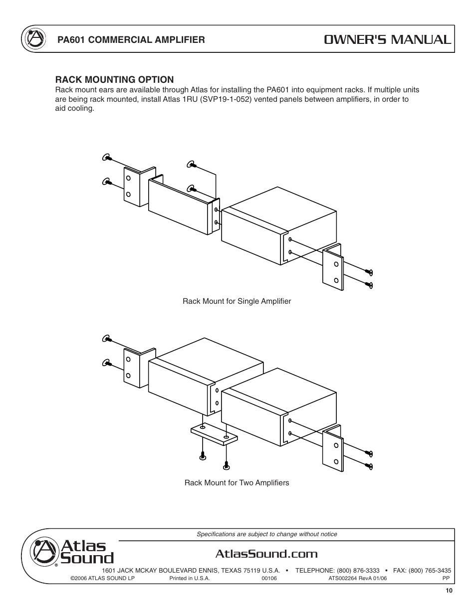 Owner's manual, Pa601 commercial amplifier, Rack mounting option | Atlas Sound PA601 User Manual | Page 10 / 16