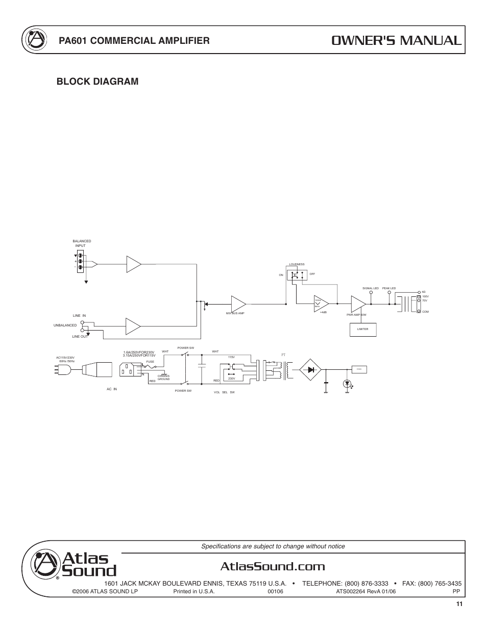 Owner's manual, Pa601 commercial amplifier, Block diagram | Atlas Sound PA601 User Manual | Page 11 / 16