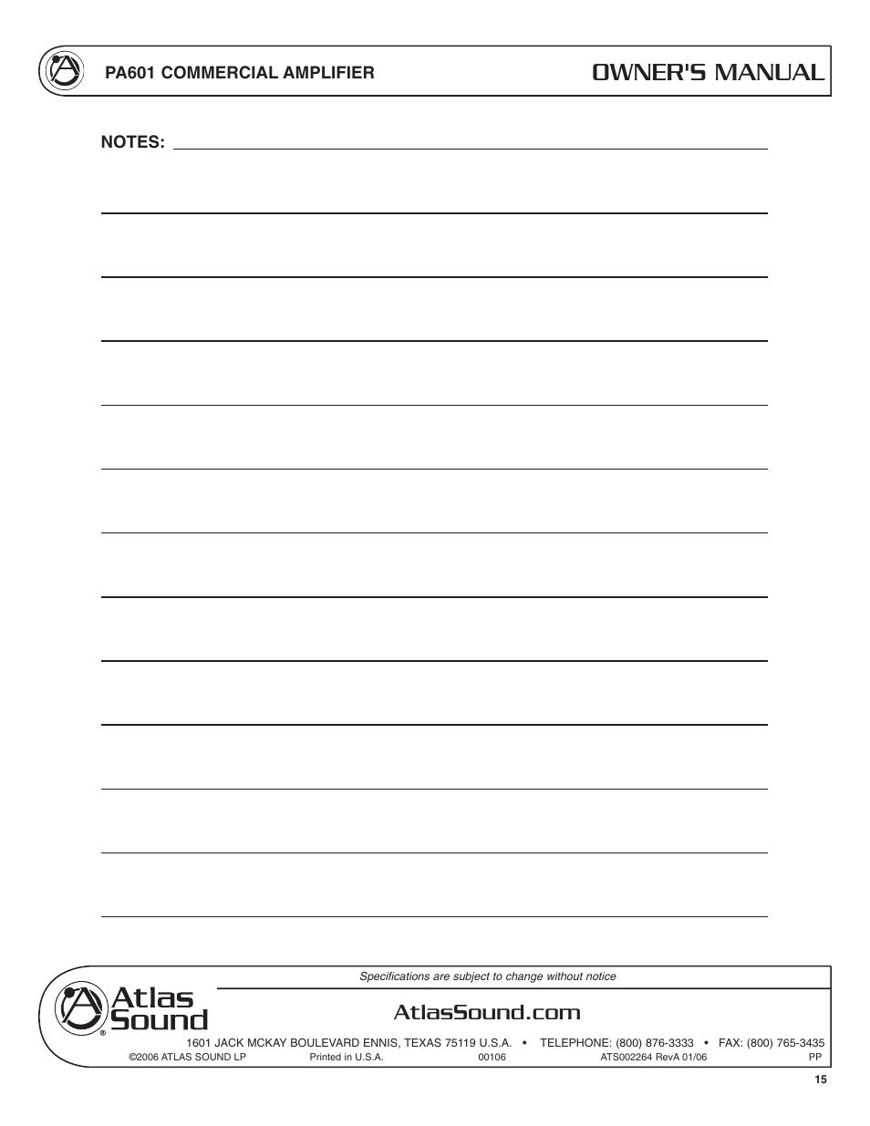 Owner's manual, Pa601 commercial amplifier | Atlas Sound PA601 User Manual | Page 15 / 16