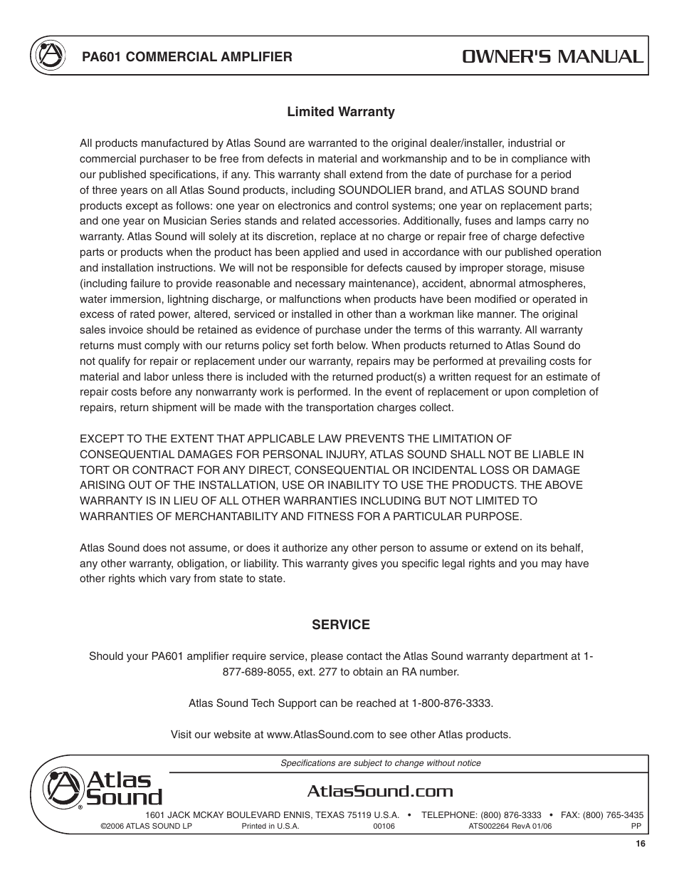 Owner's manual | Atlas Sound PA601 User Manual | Page 16 / 16