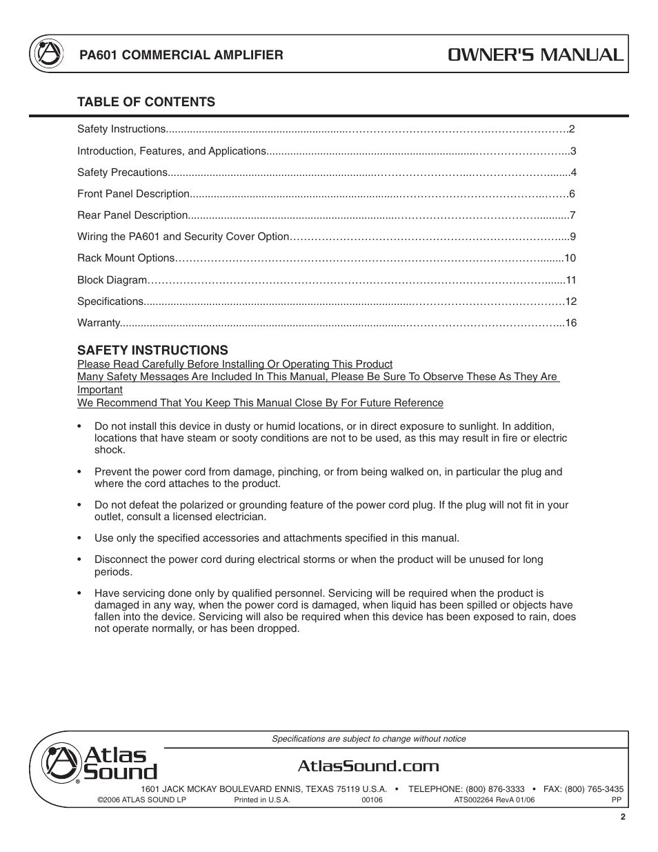 Owner's manual | Atlas Sound PA601 User Manual | Page 2 / 16