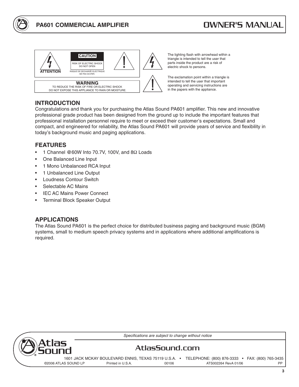Owner's manual, Pa601 commercial amplifier, Introduction | Features, Applications | Atlas Sound PA601 User Manual | Page 3 / 16
