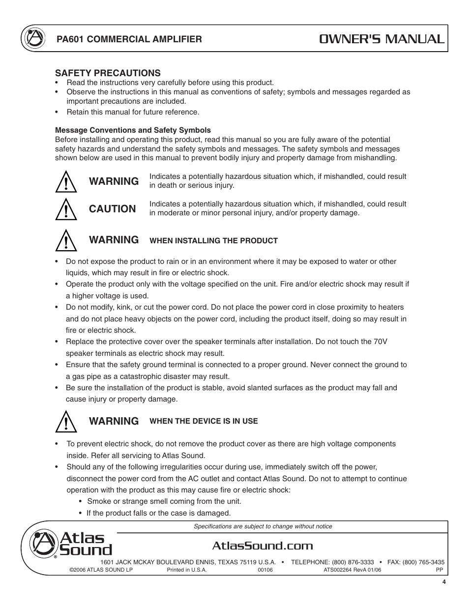 Owner's manual, Warning caution warning warning | Atlas Sound PA601 User Manual | Page 4 / 16