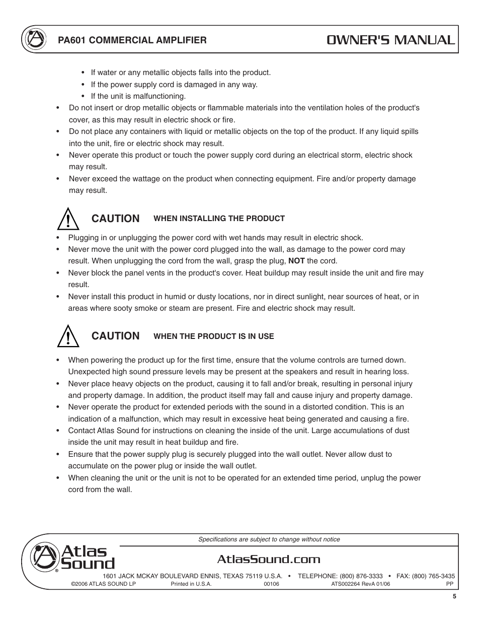 Owner's manual, Caution | Atlas Sound PA601 User Manual | Page 5 / 16
