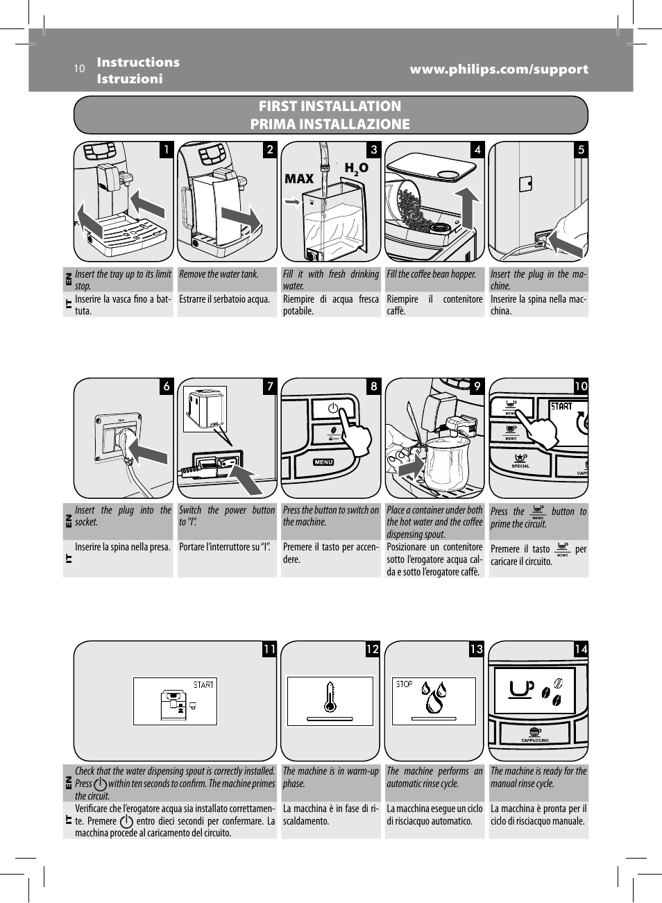 First installation prima installazione | Philips Saeco Kaffeevollautomat User Manual | Page 10 / 68