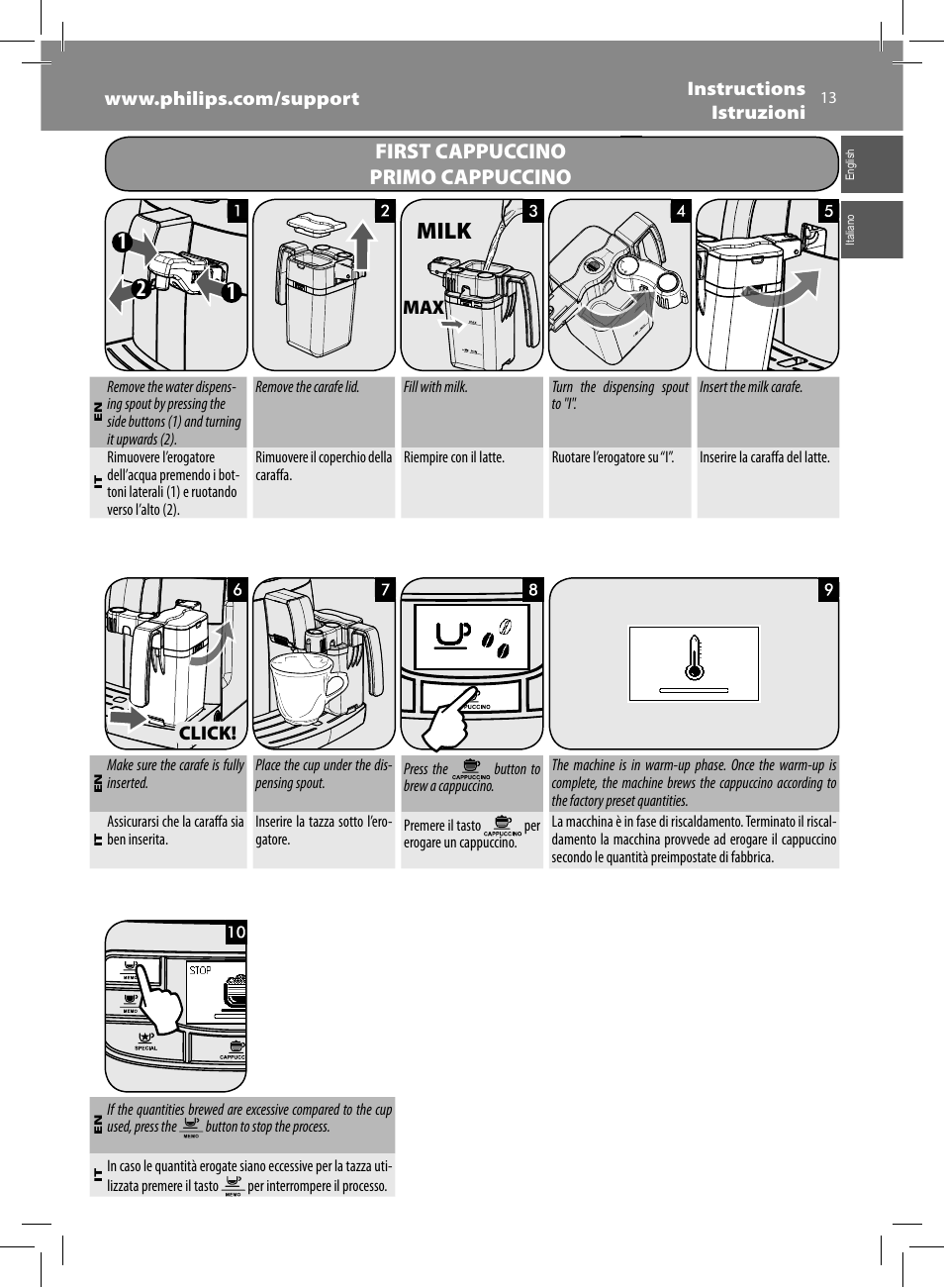 Milk, First cappuccino primo cappuccino | Philips Saeco Kaffeevollautomat User Manual | Page 13 / 68
