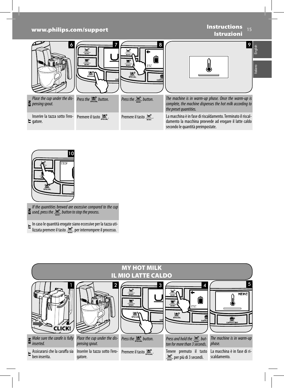 My hot milk il mio latte caldo | Philips Saeco Kaffeevollautomat User Manual | Page 15 / 68