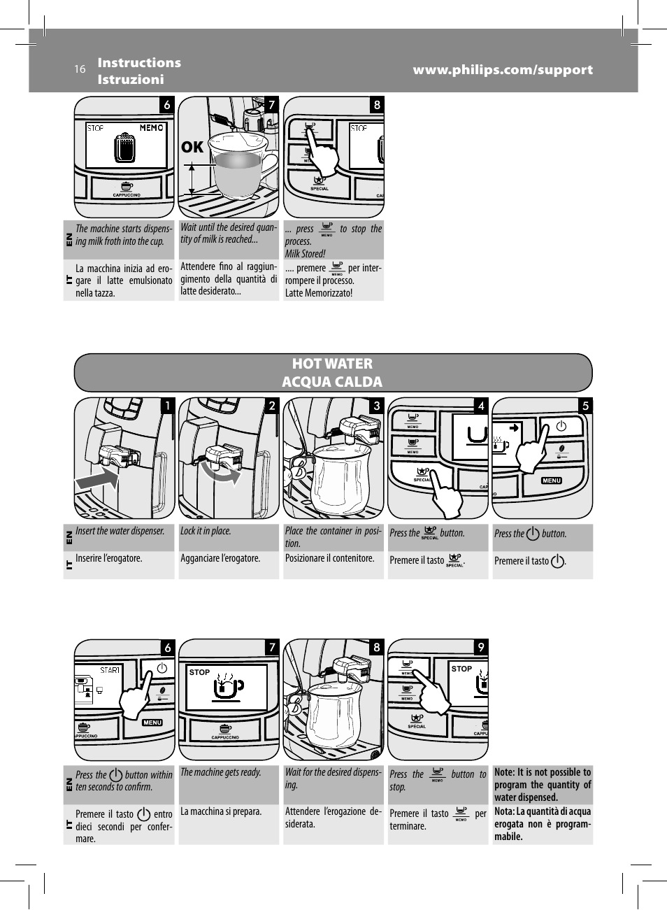 Hot water acqua calda | Philips Saeco Kaffeevollautomat User Manual | Page 16 / 68