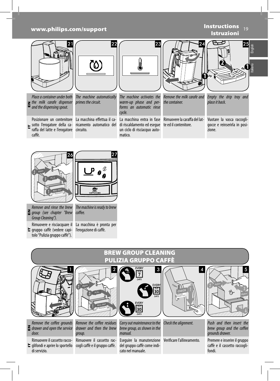 Brew group cleaning pulizia gruppo caffè | Philips Saeco Kaffeevollautomat User Manual | Page 19 / 68