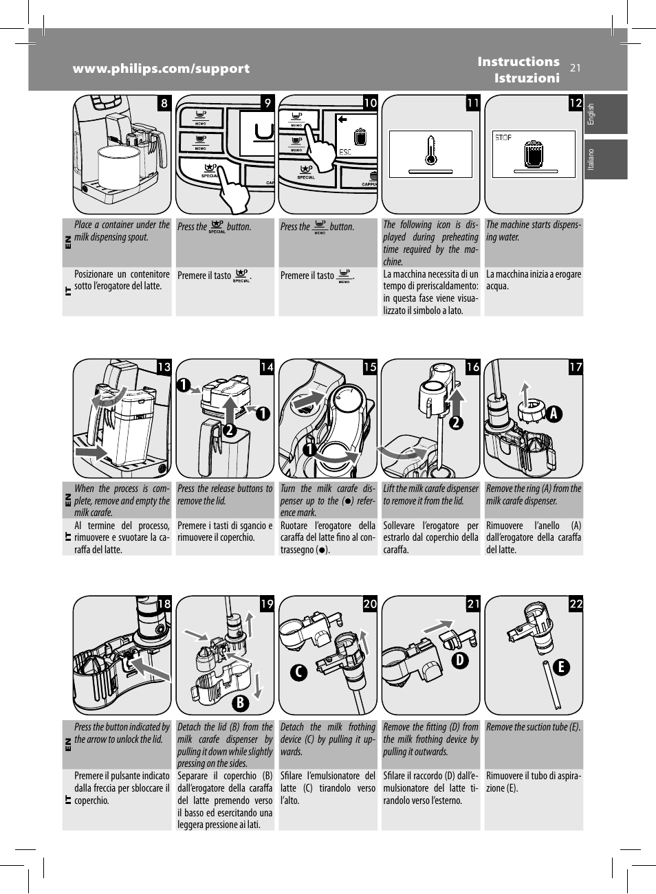 12 1 2 a, Bc d e | Philips Saeco Kaffeevollautomat User Manual | Page 21 / 68