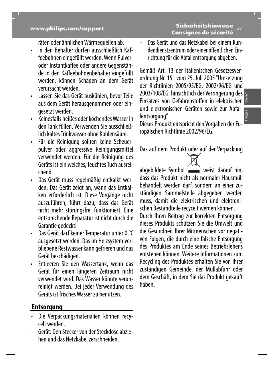Entsorgung | Philips Saeco Kaffeevollautomat User Manual | Page 27 / 68