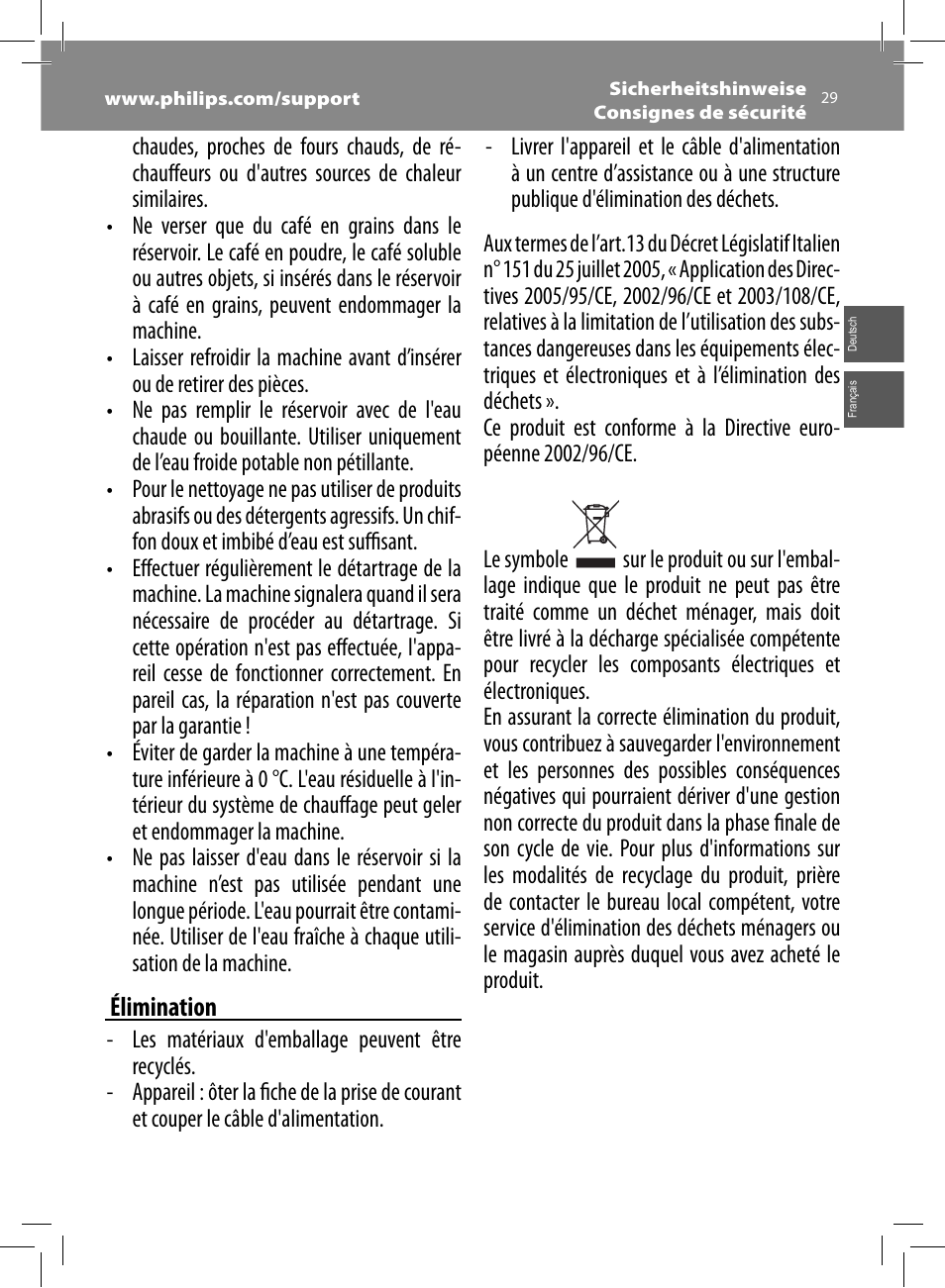 Élimination | Philips Saeco Kaffeevollautomat User Manual | Page 29 / 68