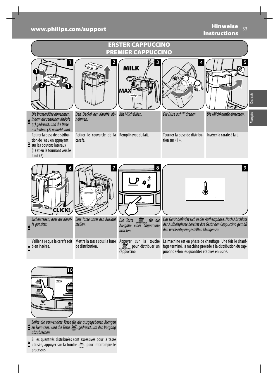 Milk, Erster cappuccino premier cappuccino | Philips Saeco Kaffeevollautomat User Manual | Page 33 / 68