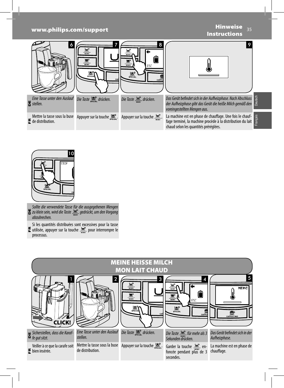 Meine heisse milch mon lait chaud | Philips Saeco Kaffeevollautomat User Manual | Page 35 / 68