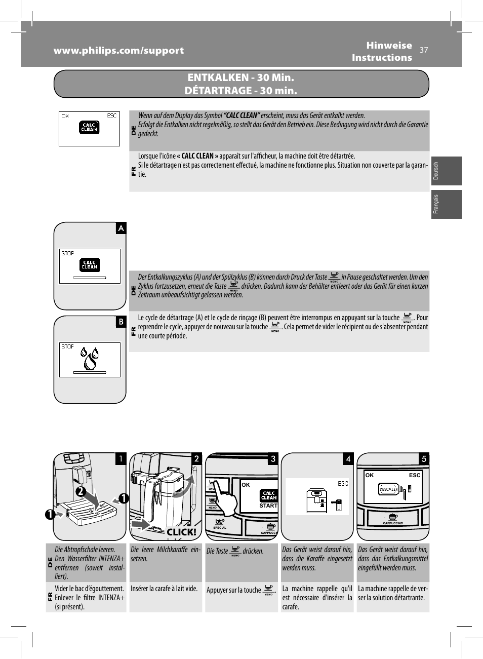 Entkalken - 30 min. détartrage - 30 min, Click | Philips Saeco Kaffeevollautomat User Manual | Page 37 / 68