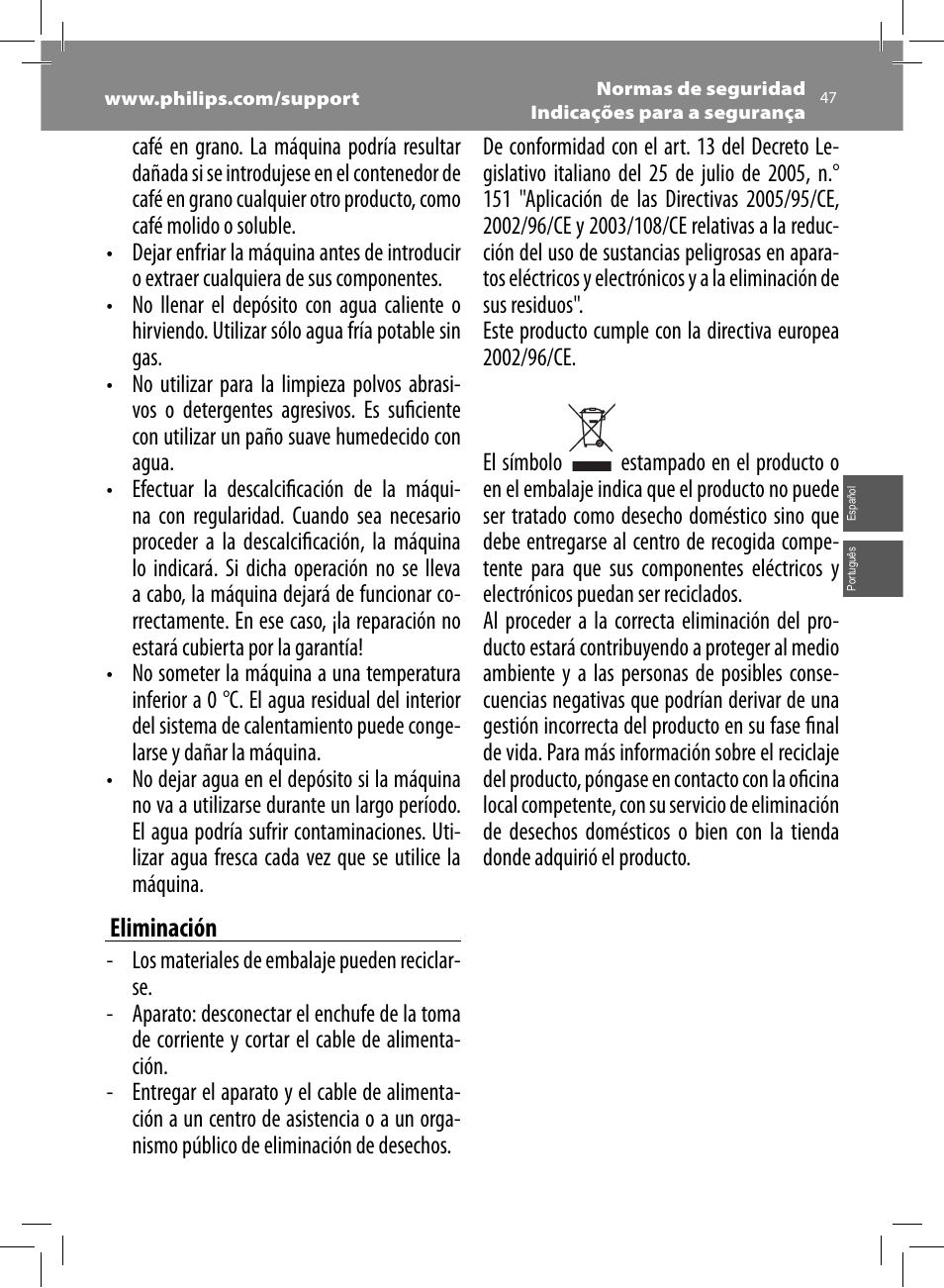 Eliminación | Philips Saeco Kaffeevollautomat User Manual | Page 47 / 68