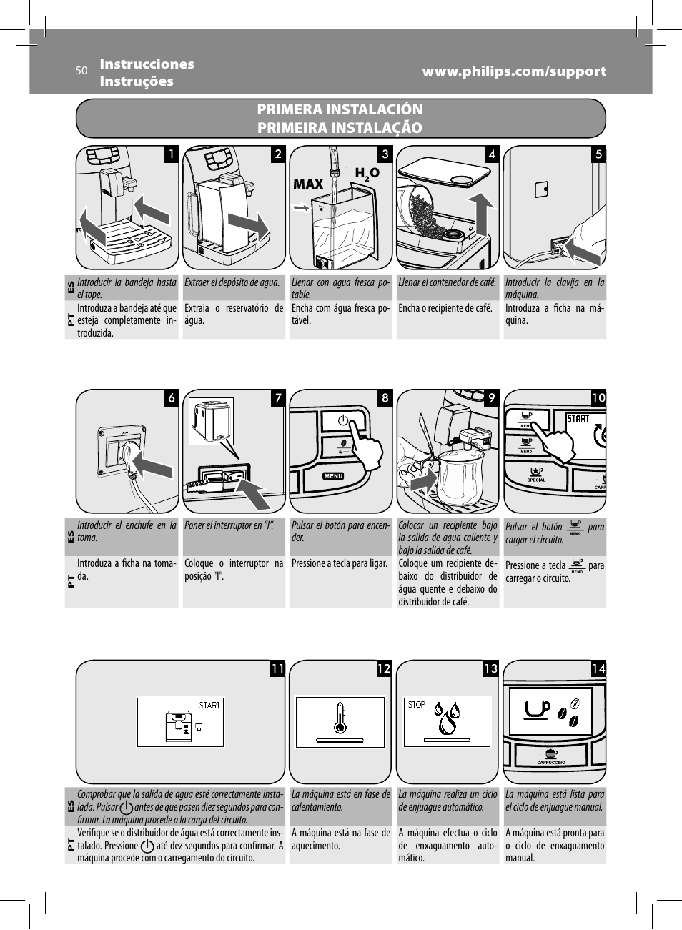 Primera instalación primeira instalação | Philips Saeco Kaffeevollautomat User Manual | Page 50 / 68