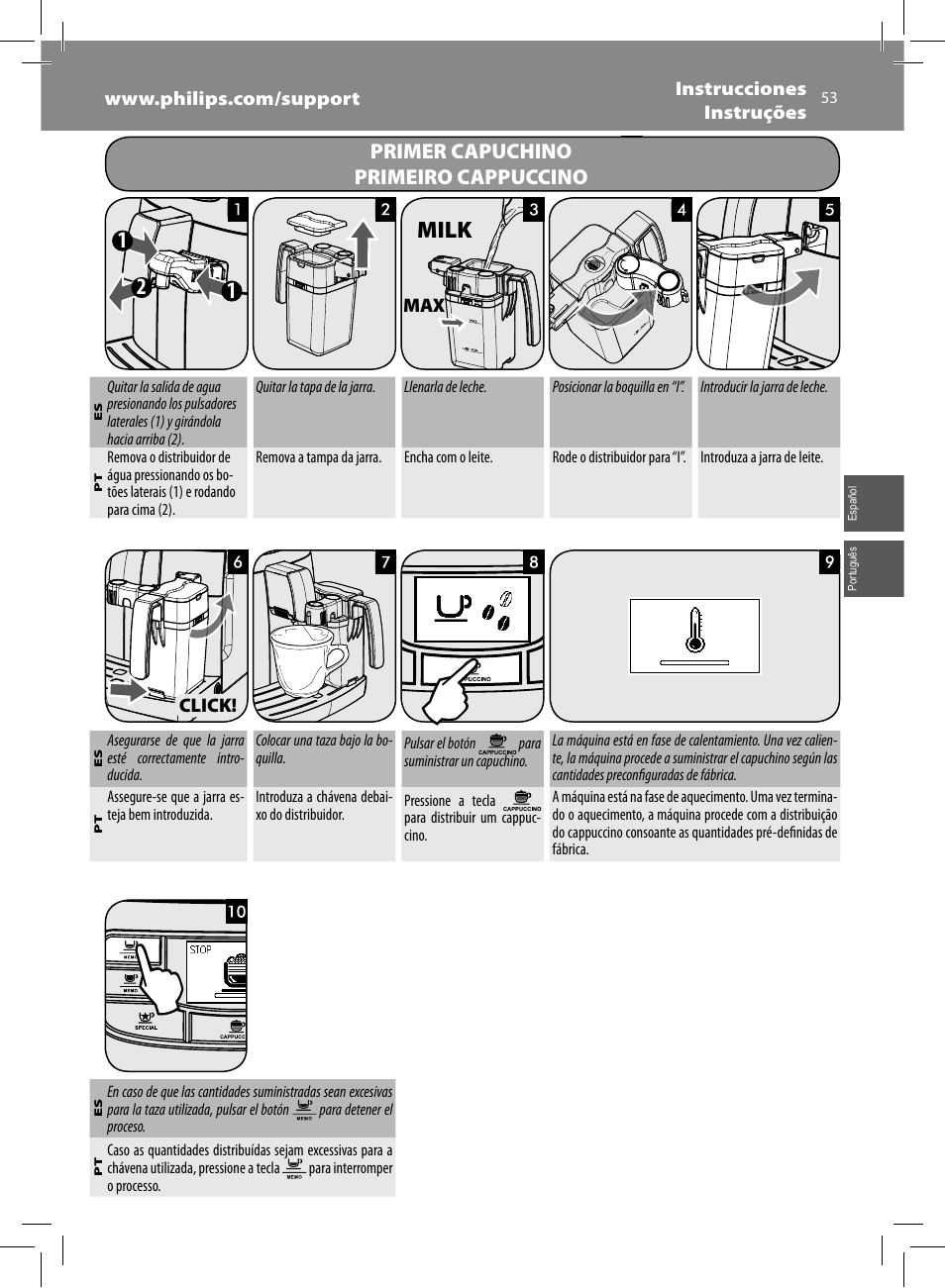 Milk, Primer capuchino primeiro cappuccino | Philips Saeco Kaffeevollautomat User Manual | Page 53 / 68