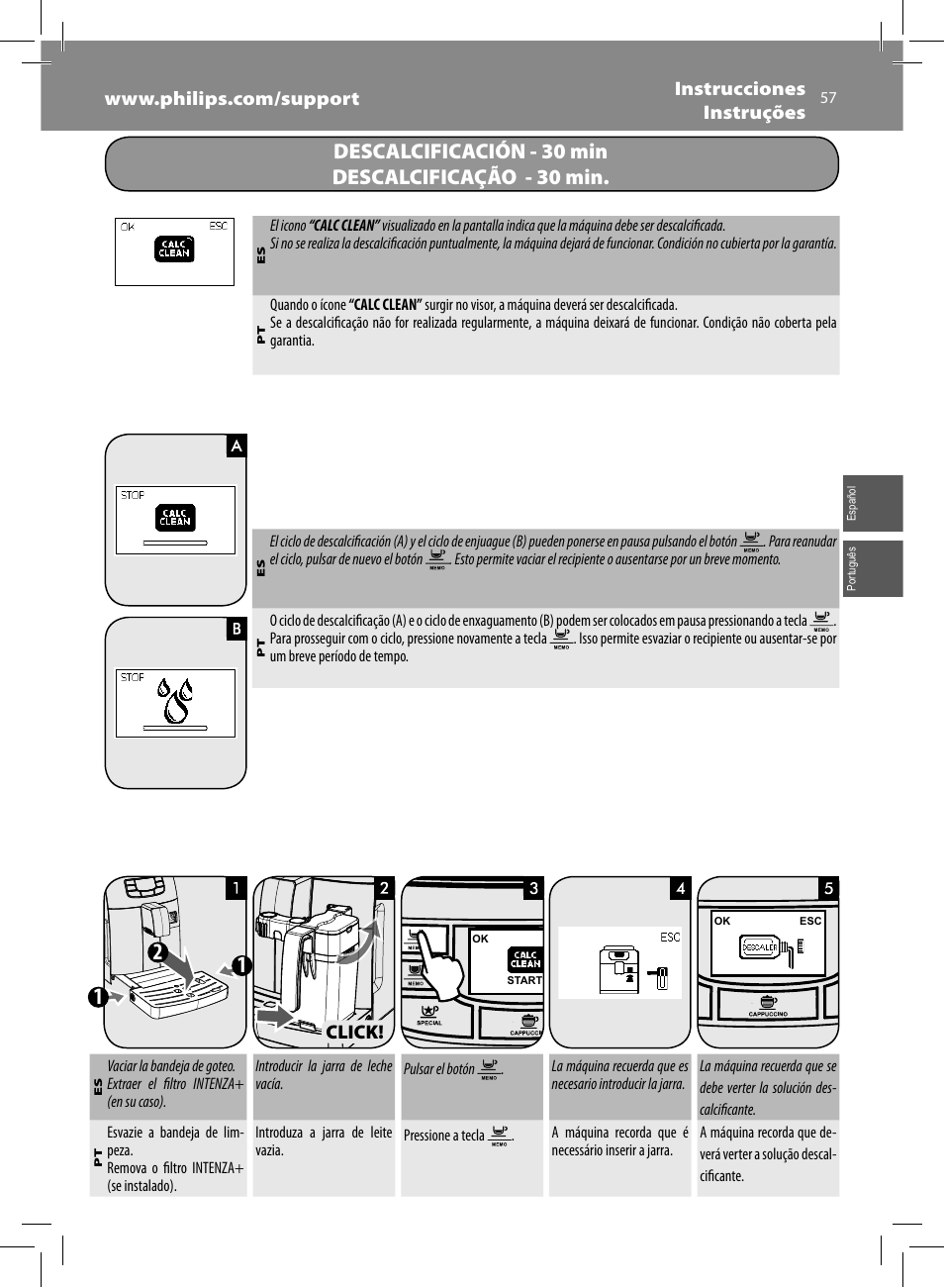 Descalcificación - 30 min descalcificação - 30 min, Click | Philips Saeco Kaffeevollautomat User Manual | Page 57 / 68