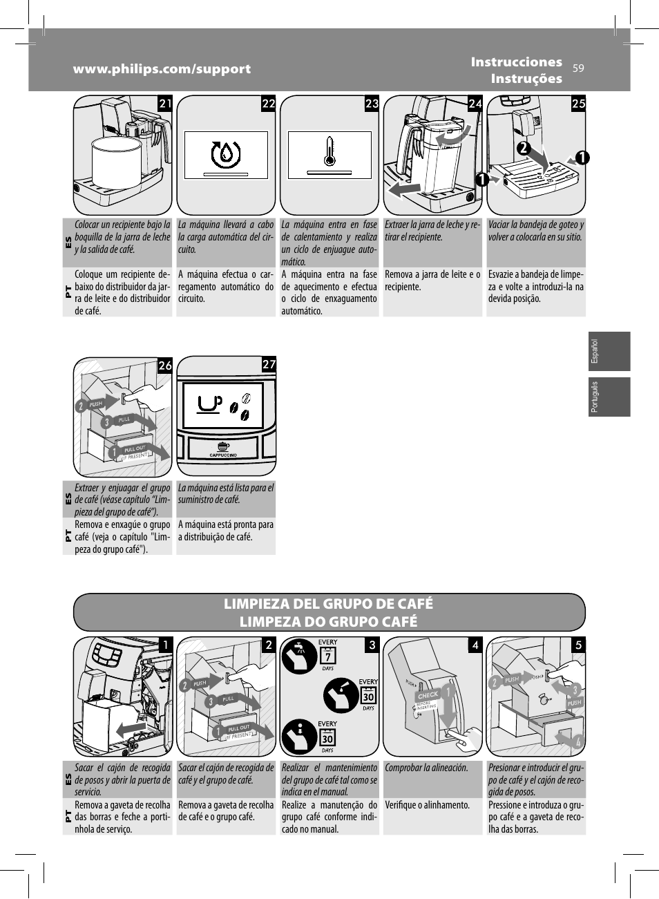 Limpieza del grupo de café limpeza do grupo café | Philips Saeco Kaffeevollautomat User Manual | Page 59 / 68