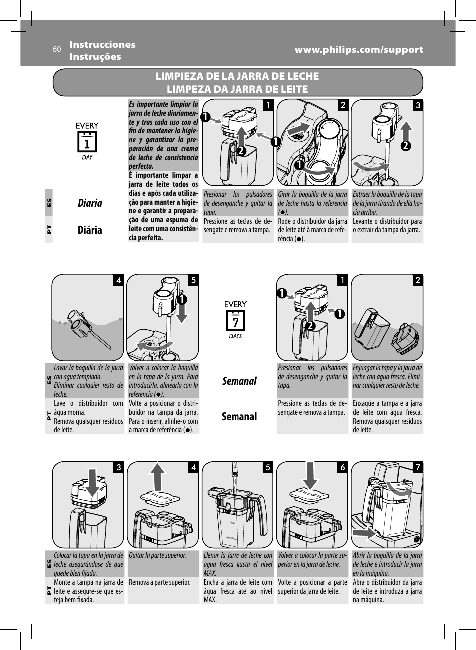 Diaria, Diária, Semanal | Philips Saeco Kaffeevollautomat User Manual | Page 60 / 68