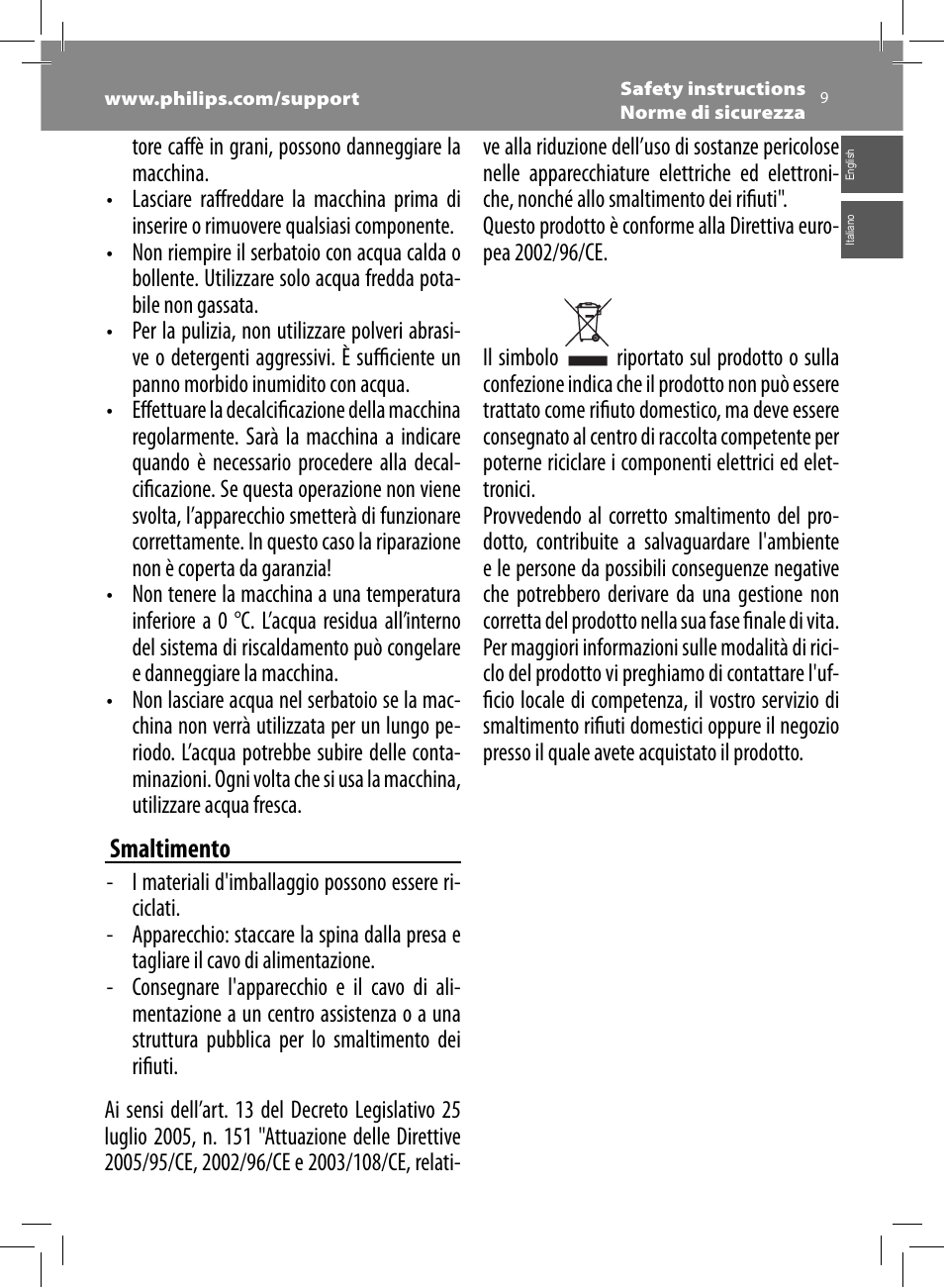 Smaltimento | Philips Saeco Kaffeevollautomat User Manual | Page 9 / 68