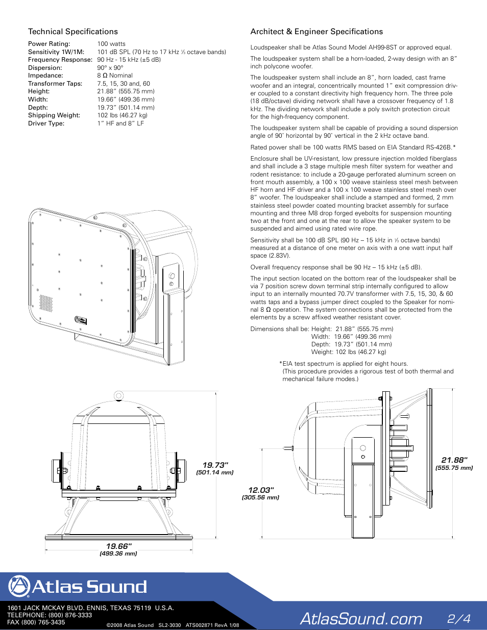 Atlas Sound 8" AH Series Stadium Horns AH99-8ST User Manual | Page 2 / 4