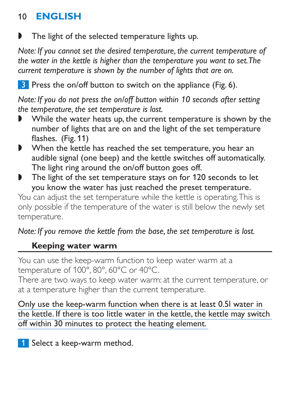 Keeping water warm, A keeping water warm at the current temperature | Philips Wasserkocher User Manual | Page 10 / 160