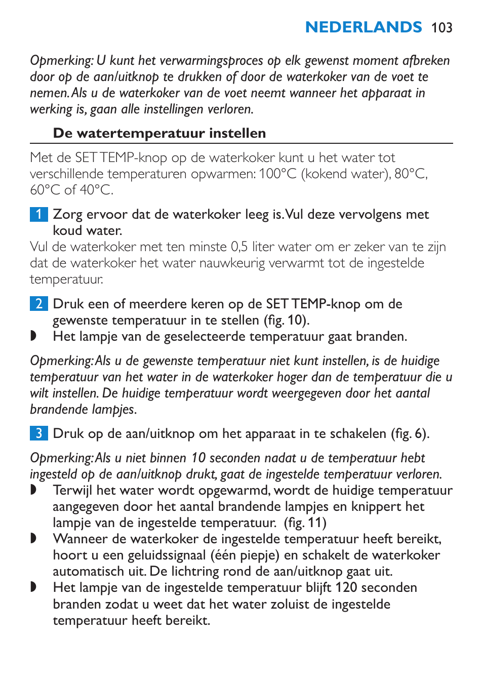 De watertemperatuur instellen | Philips Wasserkocher User Manual | Page 103 / 160