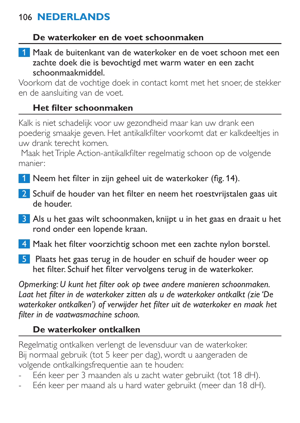 Het filter schoonmaken, De waterkoker ontkalken | Philips Wasserkocher User Manual | Page 106 / 160