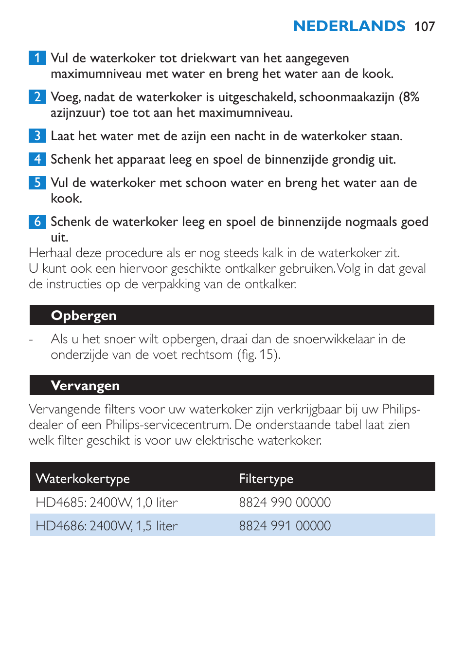 Opbergen, Vervangen, Milieu | Garantie & service | Philips Wasserkocher User Manual | Page 107 / 160