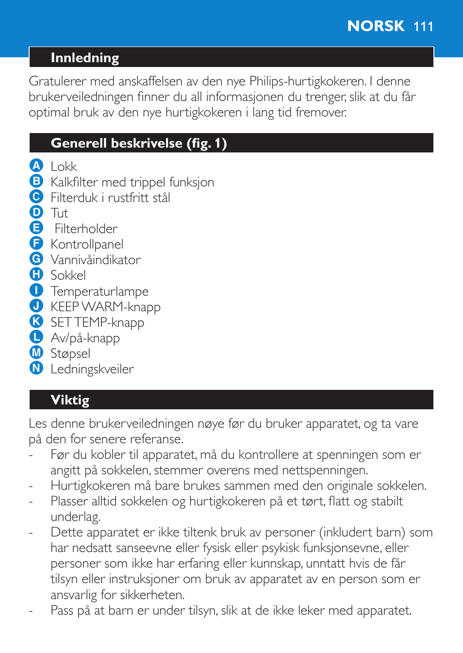 Norsk, Innledning, Generell beskrivelse (fig. 1) | Viktig | Philips Wasserkocher User Manual | Page 111 / 160