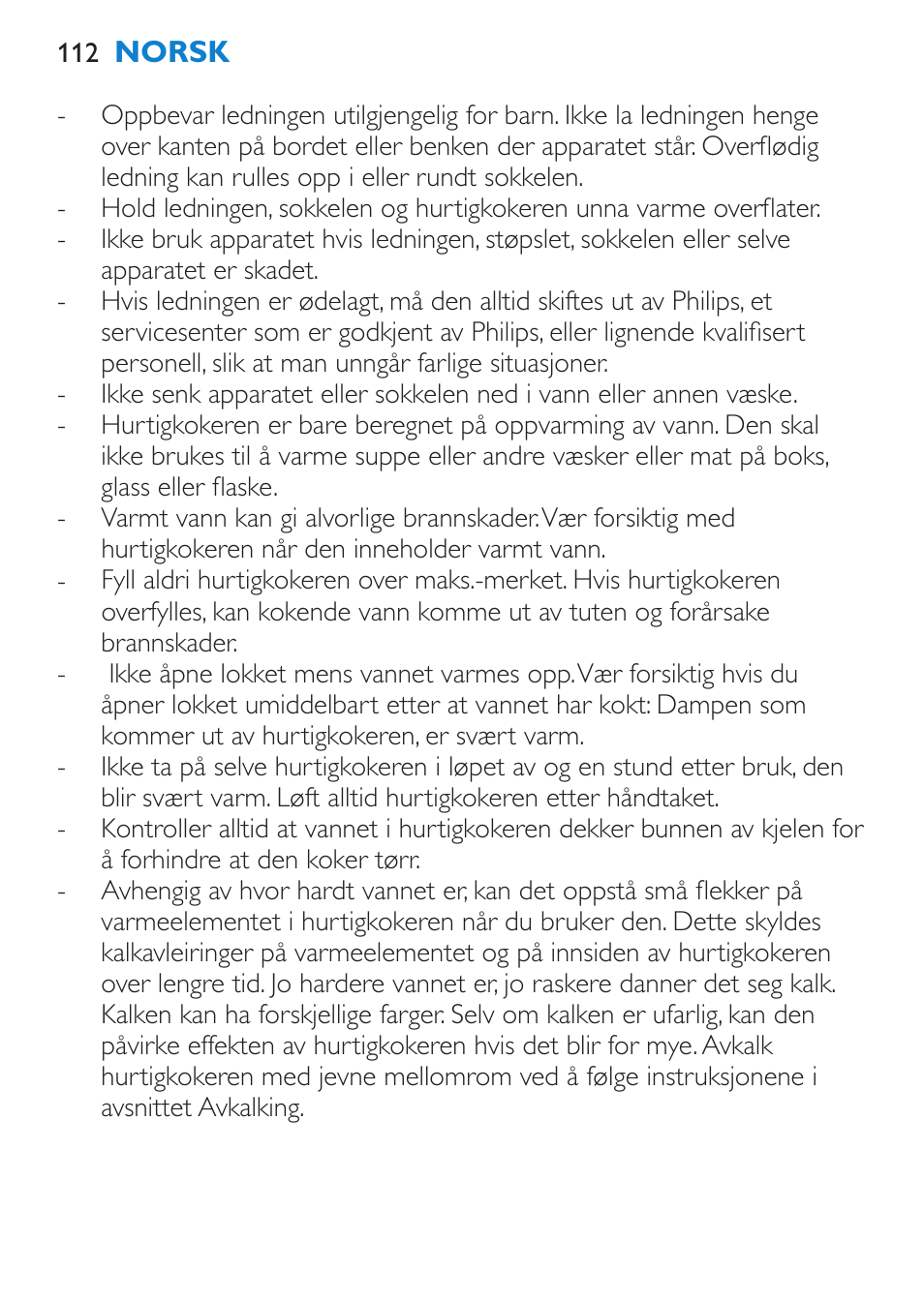 Beskyttelse mot tørrkoking | Philips Wasserkocher User Manual | Page 112 / 160