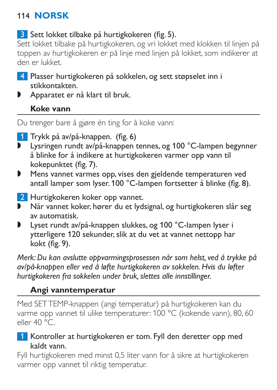 Koke vann, Angi vanntemperatur | Philips Wasserkocher User Manual | Page 114 / 160