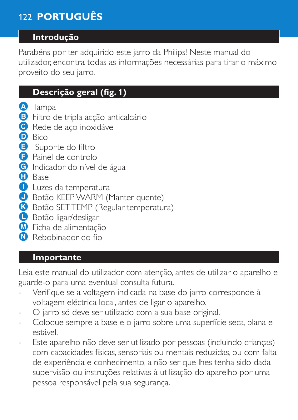 Português, Introdução, Descrição geral (fig. 1) | Importante | Philips Wasserkocher User Manual | Page 122 / 160