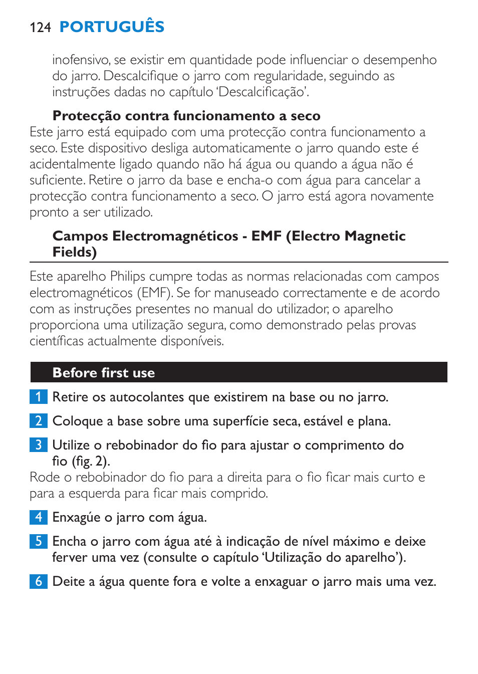 Protecção contra funcionamento a seco, Before first use | Philips Wasserkocher User Manual | Page 124 / 160