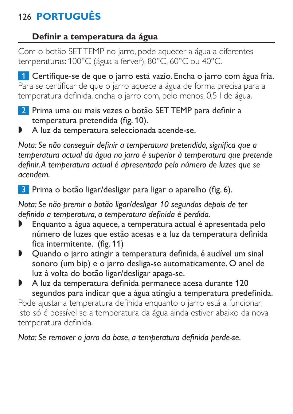 Definir a temperatura da água, Manter a água quente | Philips Wasserkocher User Manual | Page 126 / 160