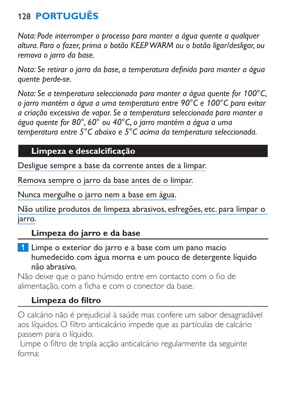 Limpeza e descalcificação, Limpeza do jarro e da base, Limpeza do filtro | Philips Wasserkocher User Manual | Page 128 / 160