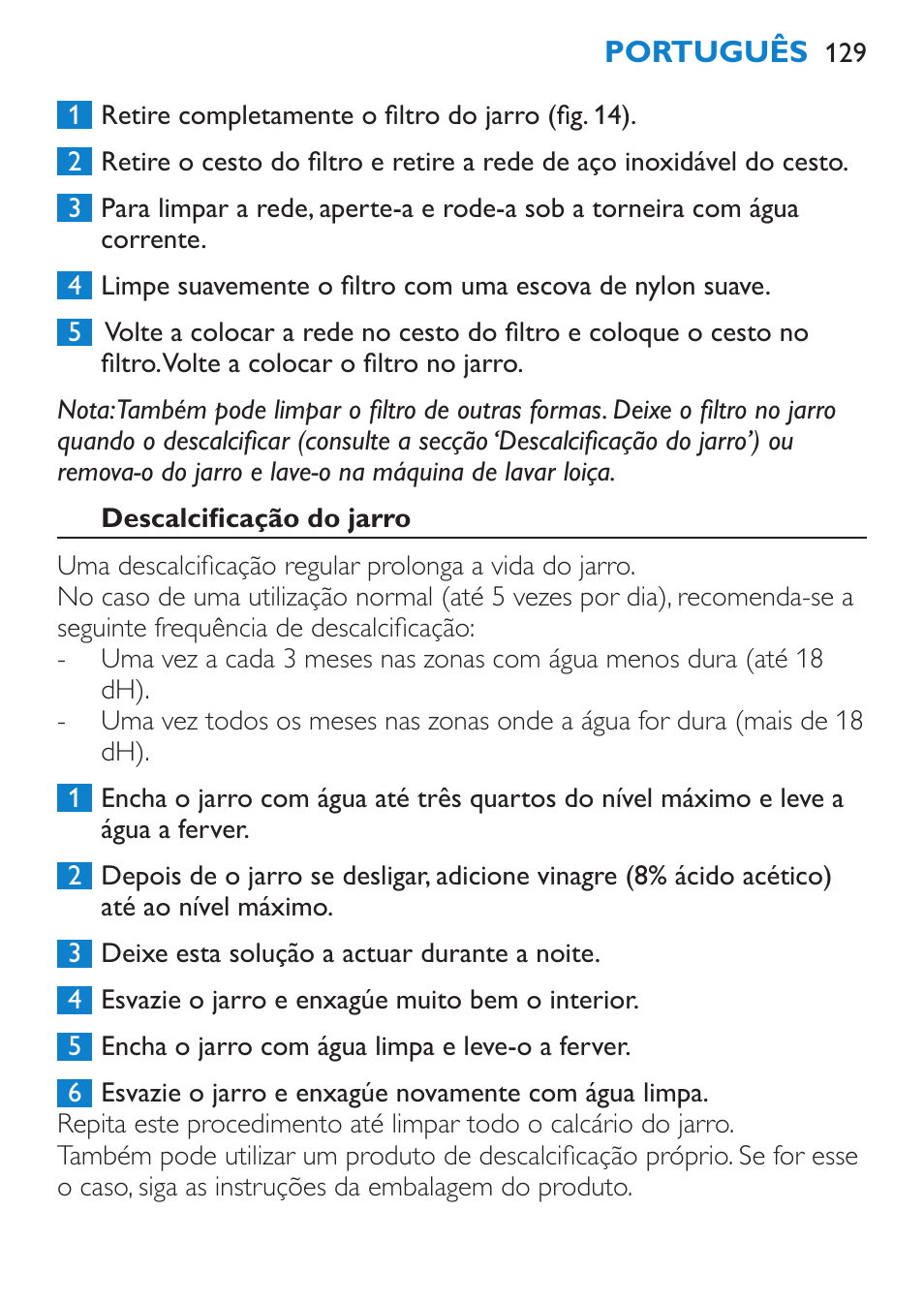 Descalcificação do jarro, Arrumação | Philips Wasserkocher User Manual | Page 129 / 160