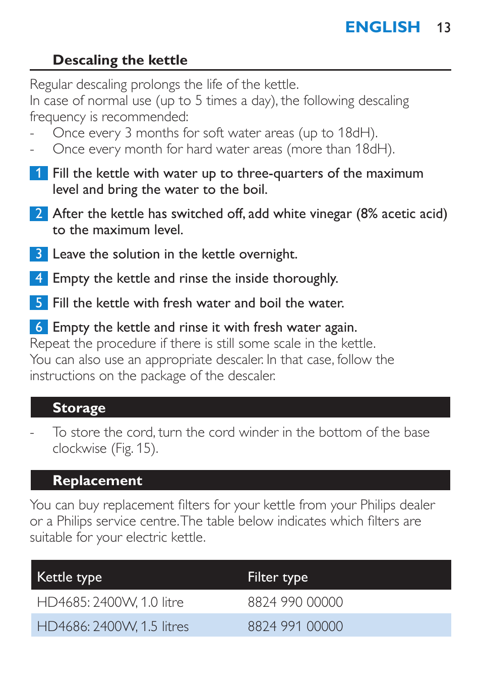 Storage, Replacement, Environment | Philips Wasserkocher User Manual | Page 13 / 160