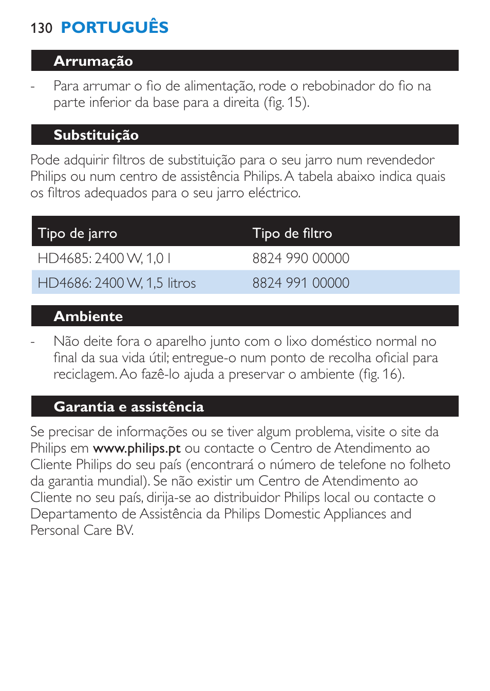 Substituição, Ambiente, Garantia e assistência | Philips Wasserkocher User Manual | Page 130 / 160