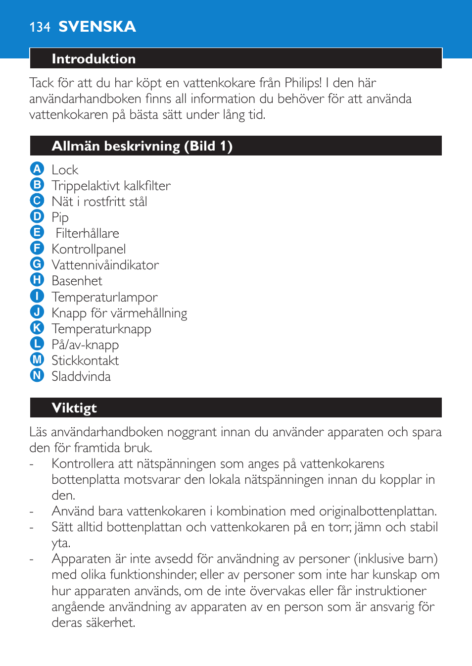 Svenska, Introduktion, Allmän beskrivning (bild 1) | Viktigt | Philips Wasserkocher User Manual | Page 134 / 160