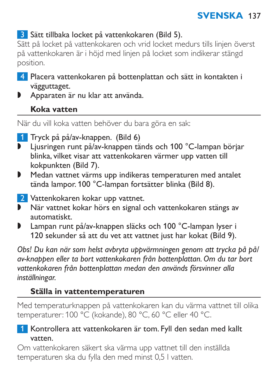 Koka vatten, Ställa in vattentemperaturen | Philips Wasserkocher User Manual | Page 137 / 160