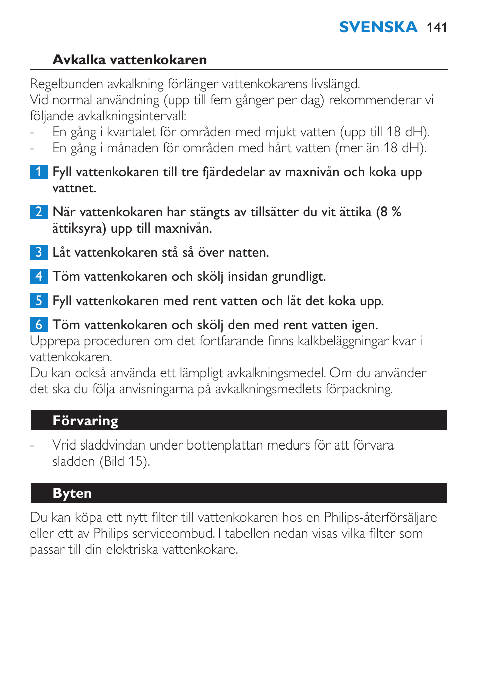 Förvaring, Byten, Miljön | Philips Wasserkocher User Manual | Page 141 / 160