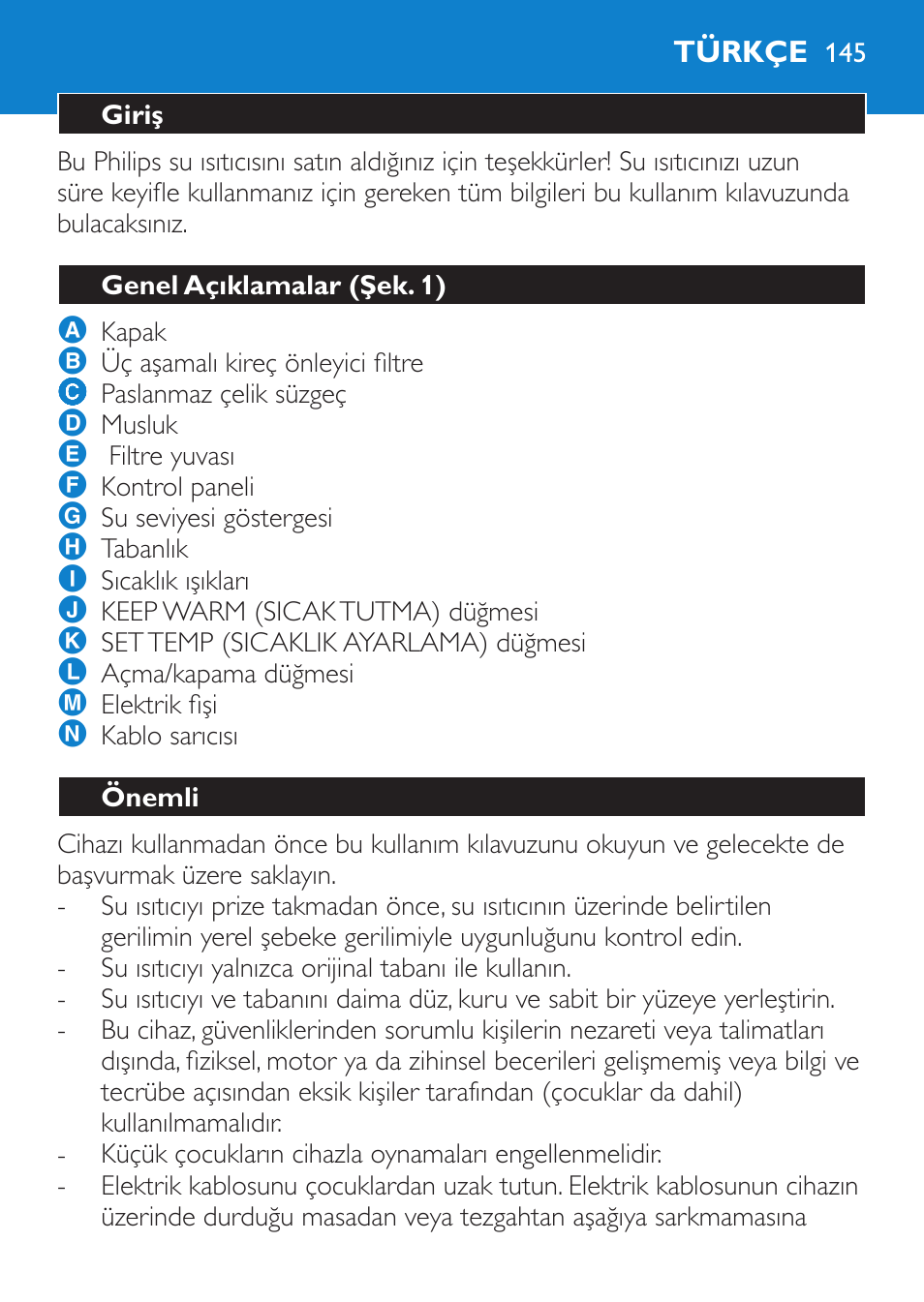 Türkçe, Giriş, Genel açıklamalar (şek. 1) | Önemli | Philips Wasserkocher User Manual | Page 145 / 160