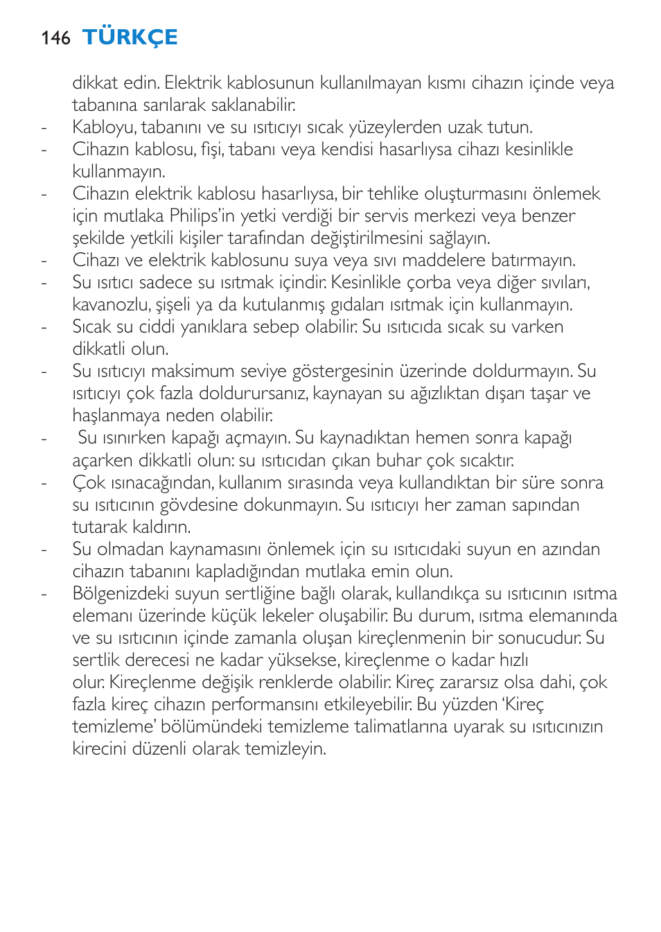 Susuz kaynama koruması | Philips Wasserkocher User Manual | Page 146 / 160