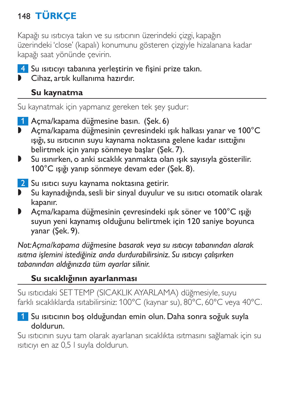 Su kaynatma, Su sıcaklığının ayarlanması | Philips Wasserkocher User Manual | Page 148 / 160