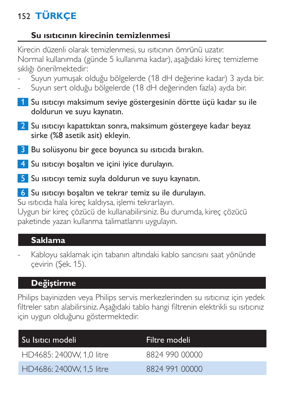 Saklama, Değiştirme, Çevre | Garanti ve servis | Philips Wasserkocher User Manual | Page 152 / 160