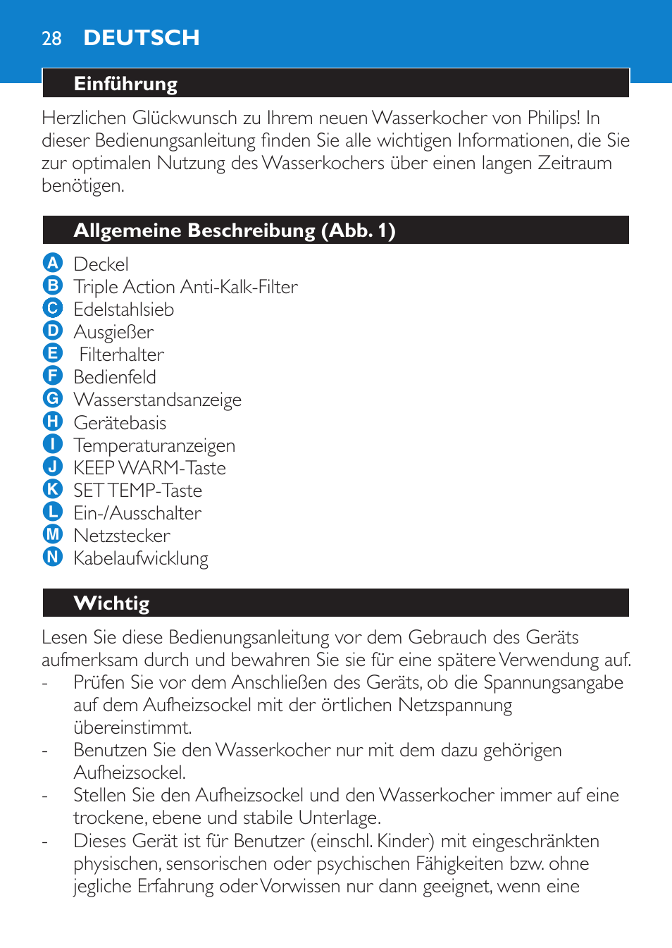 Deutsch, Einführung, Allgemeine beschreibung (abb. 1) | Wichtig | Philips Wasserkocher User Manual | Page 28 / 160